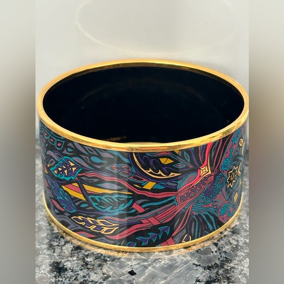 HERMÈS Palladium Du Vent Multicolor Paisley Gold tone trim Wide Bangle Bracelet - Picture 2 of 6
